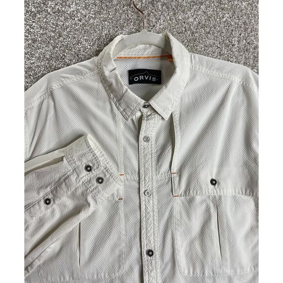 Orvis Trout Bum Shirt Beige Size LT Vented Fishing Outdoors Button Up Seersucker - Picture 1 of 12